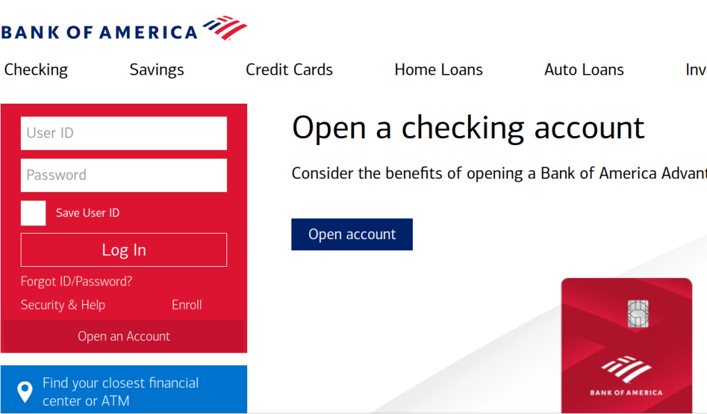 Bank of america logs and account